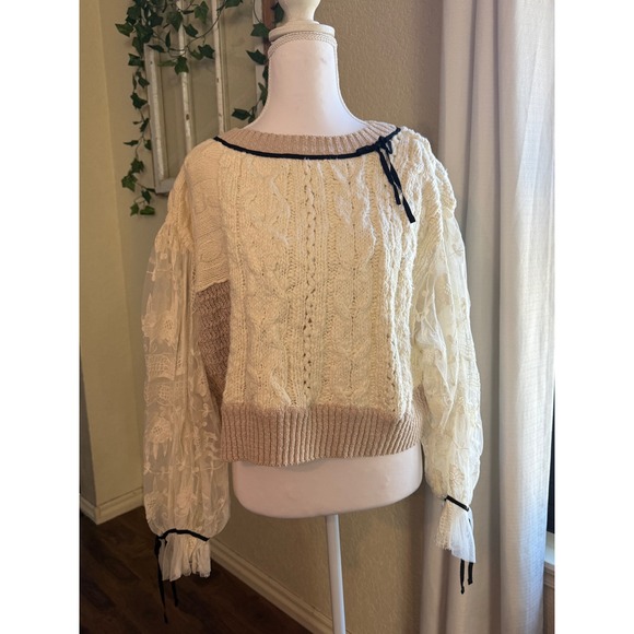 Anthropologie $158 Sweater Lace Sleeve Knitted Body Women Small Sold Out Style - Picture 3 of 6